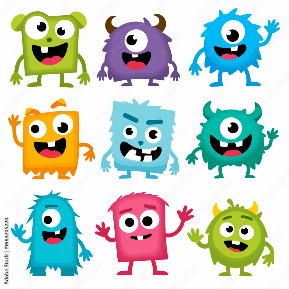 Obraz premium Set of cute cartoon monster characters. Funny happy alien or gremlin collection