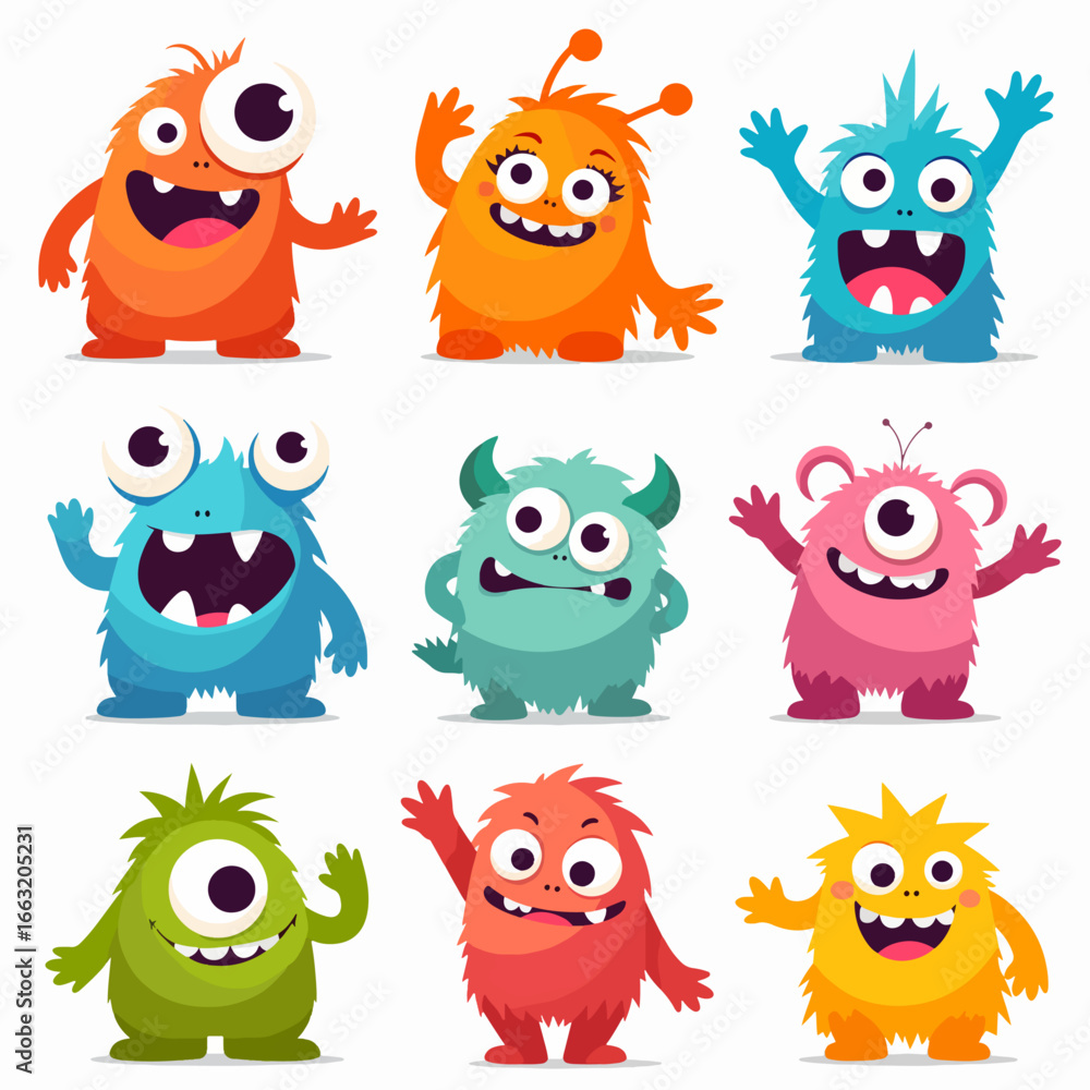 Obraz premium Set of cute cartoon monster characters. Funny happy alien or gremlin collection