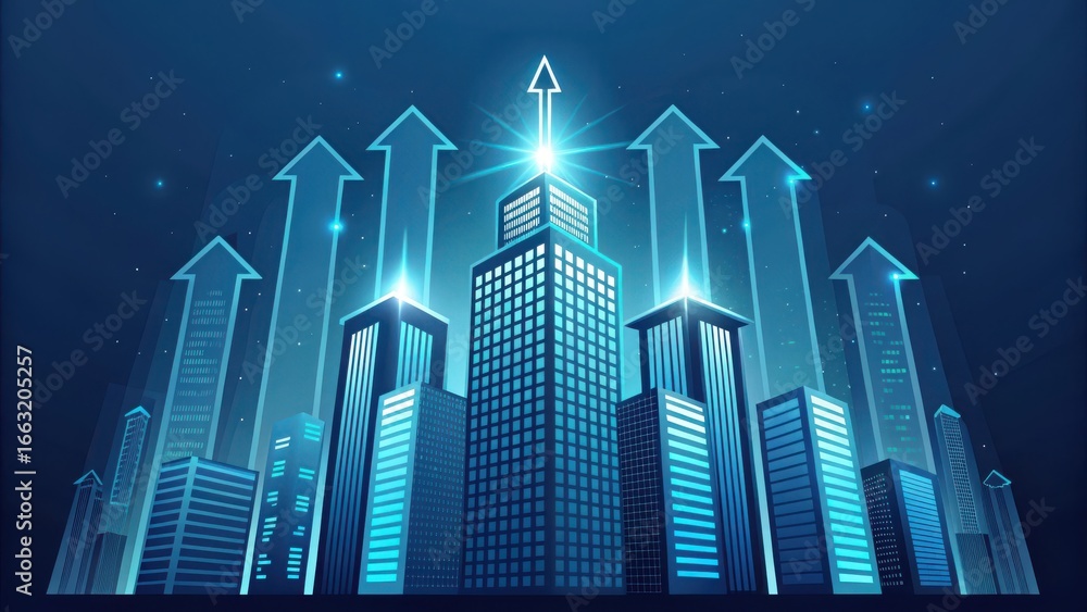 Obraz premium Futuristic glowing blue skyscrapers with upward arrows symbolizing growth and success in a modern city
