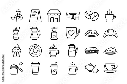 Cafe Icon Set. Coffee, Tea, Donut, Croissant, Coffee Beans, Sandwich, Bakery, Espresso, Drink, Cup, Barista, Hot Drink, and more. Editable Stroke. Vector Illustration.