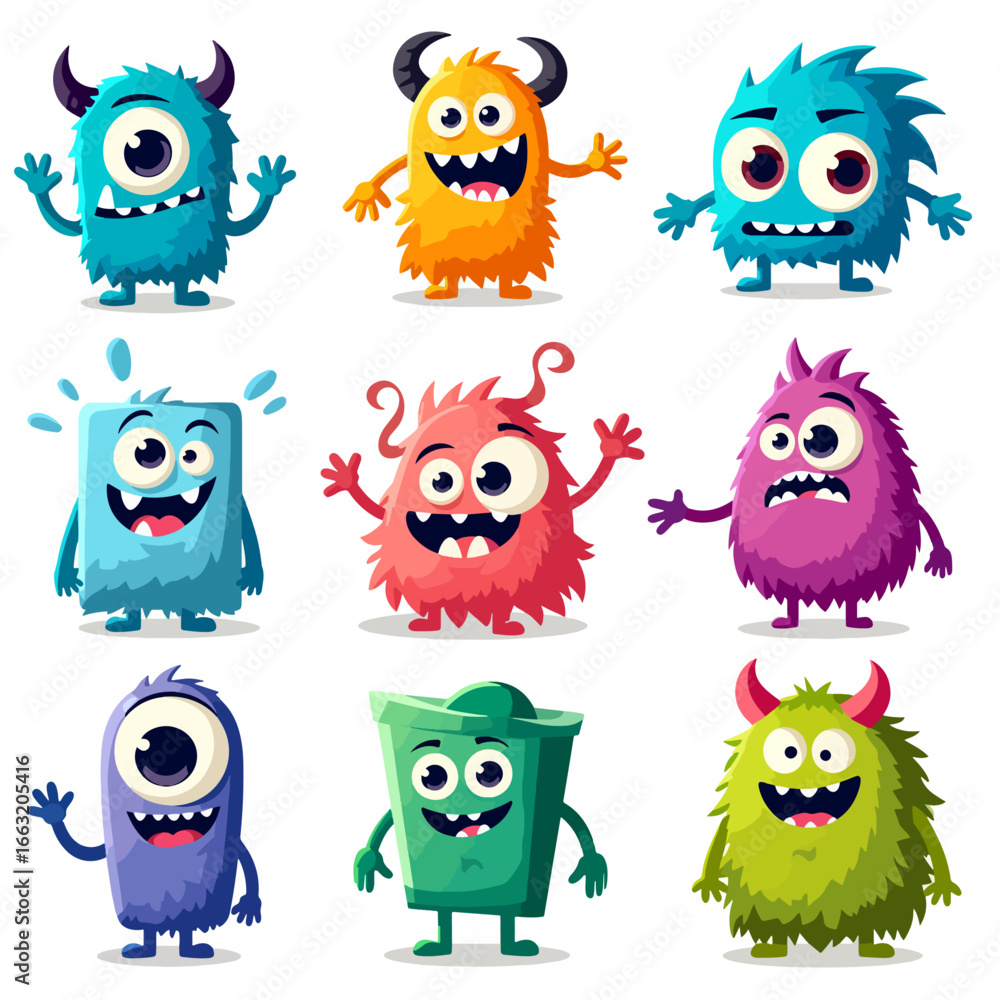 Fototapeta premium Cartoon monsters set, cute colorful fantasy creatures, funny characters with unique shapes, vector illustration