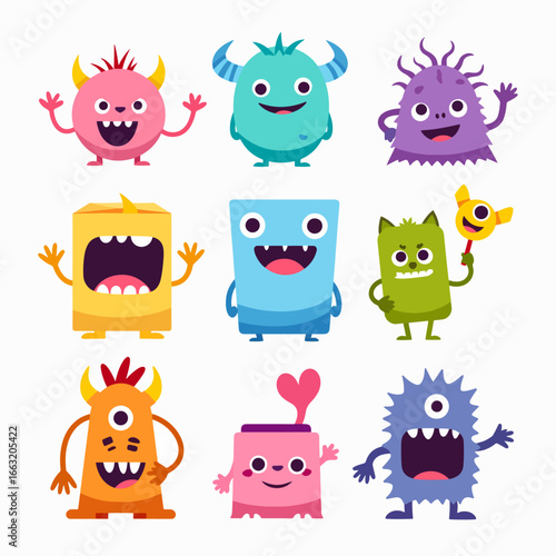Cartoon monsters set, cute colorful fantasy creatures, funny characters with unique shapes, vector illustration