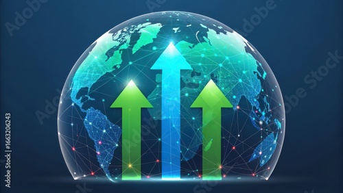 Three glowing arrows pointing upwards from a digital globe symbolizing global growth and technological advancement