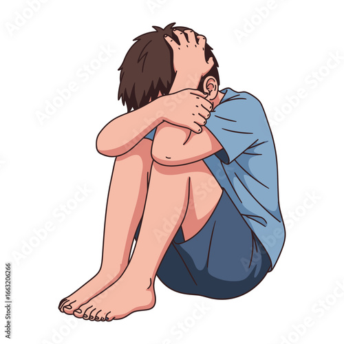 Overwhelmed: A solitary figure, head bowed in a moment of profound reflection, sits in a posture of despondency, a stark portrayal of introspection and internal struggle. 