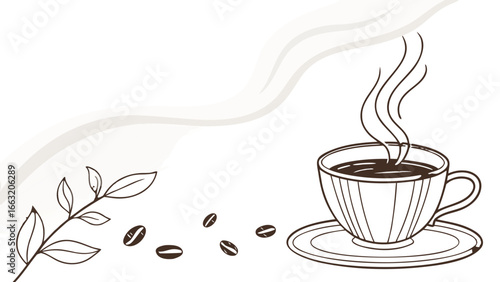 Cozy Coffee Cup Line Art Vector – Minimalist 16:9 PNG