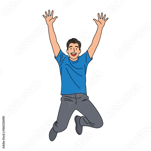 Joyful Leap: A cheerful man jumps with arms raised, showcasing unrestrained happiness and jubilation.