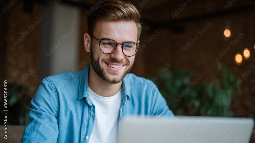 Fototapeta premium Man smiling while using laptop in cozy living room with plants and warm lighting
