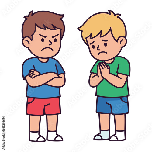 Conflict Resolution Illustration: A poignant illustration depicting the dynamics of a dispute between two children. One stands with arms crossed, expressing anger.