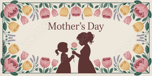 Mother's day illustration with floral border and silhouette of mother and child with a flower gift