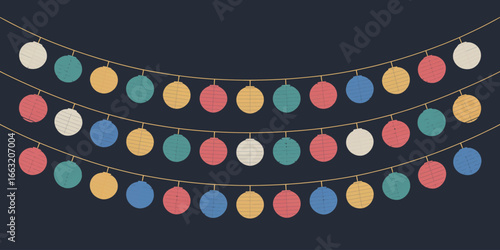 Three strings of colorful round paper lanterns hanging against a dark blue background illustration