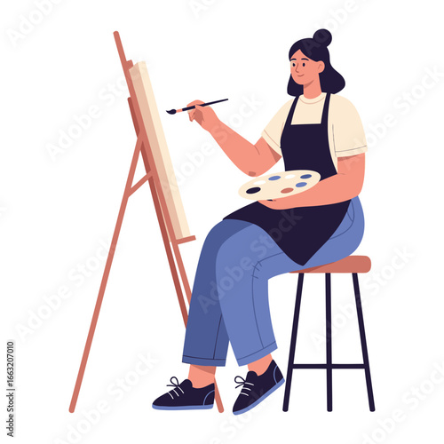 Artist at Work: An artist is captured in the moment of creating on canvas, brush in hand, palette held in her other hand, showing artistic and creative expression. 