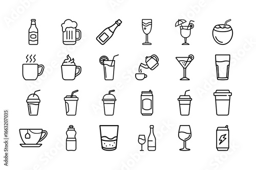 Drink Icon Set. Beverage, Cocktail, Coffee, Tea, Juice, Water, Alcohol, Beer, Soft Drink, Wine, Milkshake, Soda, Fruit Juice, Drinkware, Cup, Bottle, Glass, Smoothie. Editable Stroke.