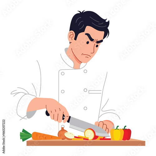 Culinary Craftsmanship: A dedicated chef, meticulously slicing fresh vegetables on a wooden cutting board, epitomizes culinary precision and dedication.