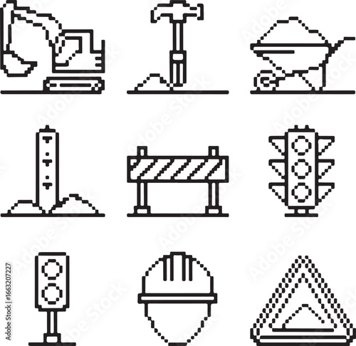 Work Zone Pixel Art Icon Pack Excavator, Jackhammer, Wheelbarrow, Traffic Light, Barricade, Safety Helmet, Roadwork Sign