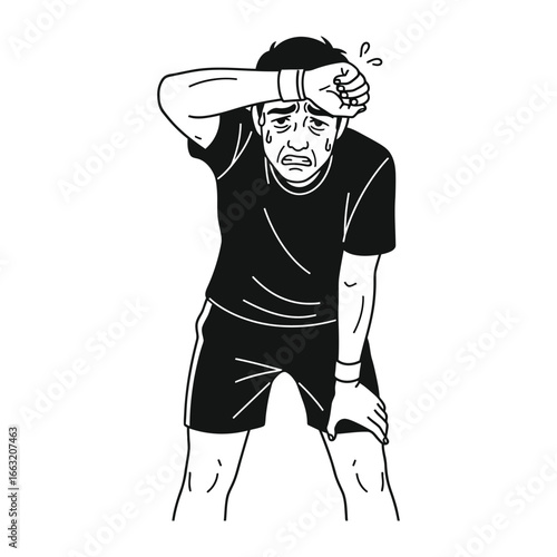 Exhausted Athlete: A monochrome line-art depiction of a weary athlete, visibly drained and covered in sweat, epitomizing the exhaustion and fatigue after intense physical exertion.