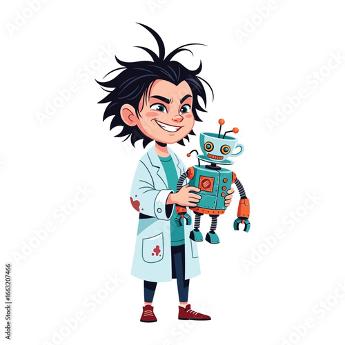 Boy and Robot: A young inventor and his handmade robot friend, filled with the promise of innovation. A heartwarming scene where imagination and technology.