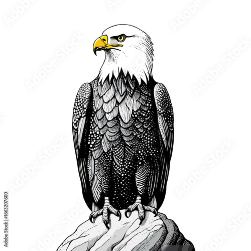 A majestic bald eagle perched on a rock