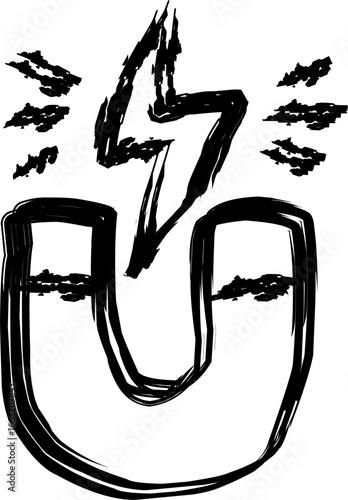 Hand-drawn grunge illustration of a horseshoe magnet with an electric bolt, abstract black sketch symbolizing energy, attraction, power, and magnetic force.
