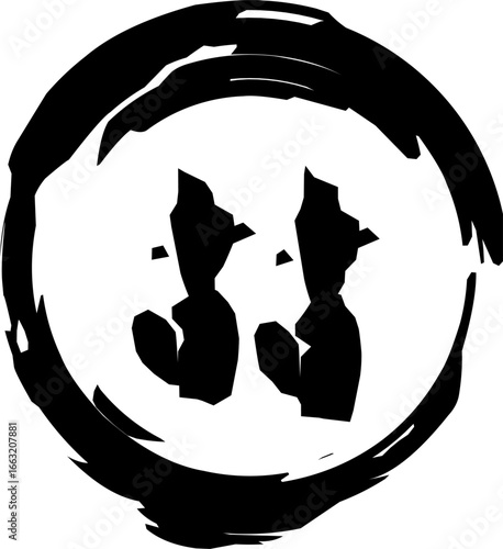 Abstract black ink circle with two cactus silhouettes inside, minimal desert-themed design perfect for logo, icon, tattoo, or artistic decoration projects.

