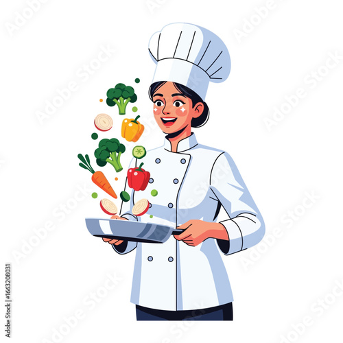 Chef's Culinary Artistry: A female chef, adorned in a crisp white uniform and toque, prepares a vibrant dish with a flourish, showcasing fresh vegetables, highlighting her culinary expertise.