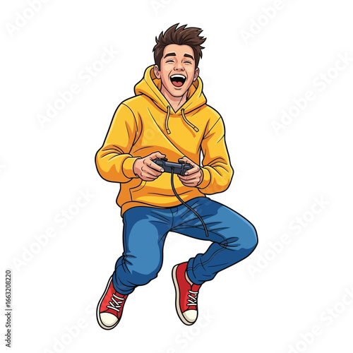 Joyful Gamer: An illustrated young man is completely immersed in a video game, radiating joy and enthusiasm as he interacts with the controller.