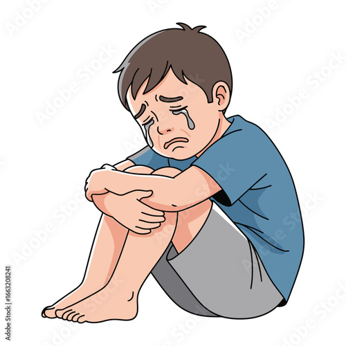 Sad Boy: A digital illustration depicts a dejected young boy sitting on the floor, a tearful expression etched on his face, conveying emotions of sadness and distress.