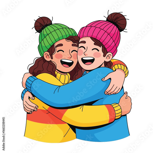 Best Friends Embrace: Two cheerful best friends, radiating joy in warm winter clothing, share a close embrace, highlighting friendship. 