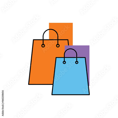 Two shopping bags with colorful background shapes on transparent background