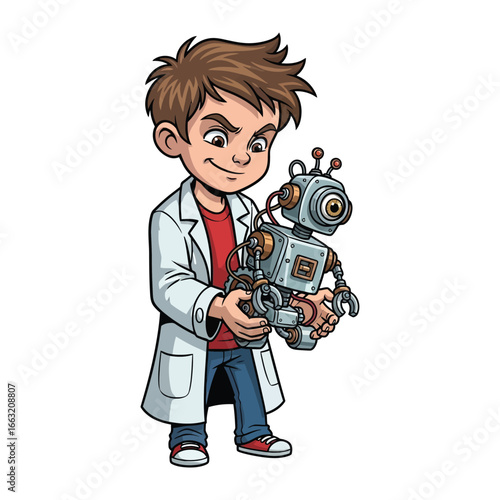 Young Inventor with Robot Companion: A determined young inventor, clad in a lab coat, proudly holds his ingenious robot creation, symbolizing imagination and technological innovation. 