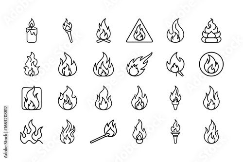 Fire Flame vector Icon Set. Fire, Blaze, Flame, Torch, Candle, Burning, Heat, Wildfire, Flame Symbol, Energy, Combustion, Hazard, Fire Element, and More. Editable Stroke. Vector Illustration.