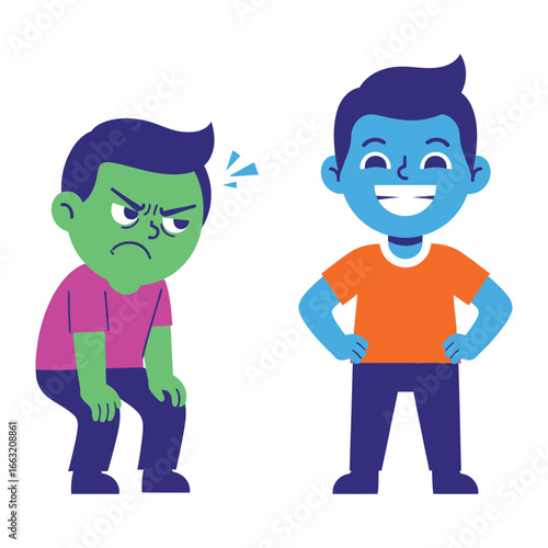 Opposite Emotions: Illustration of two boys exhibiting contrasting emotions; one with a sullen, unhappy expression, and the other beaming with joy and confidence.