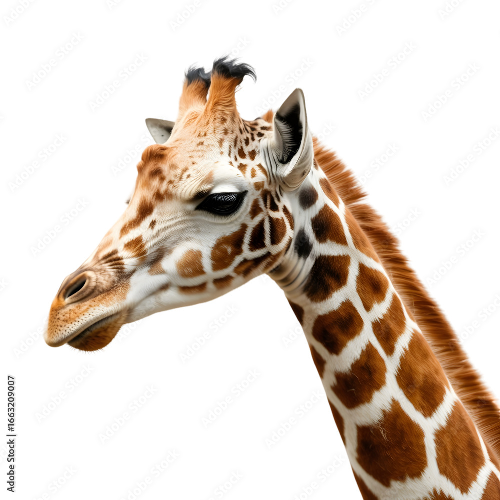 Fototapeta premium Closeup portrait of a giraffe head isolated on transparent background, showcasing its unique pattern