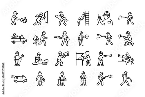 Firefighter Icon Set. Emergency, Rescue, Fire, Firefighter, Fireman, Safety, Fire Truck, Hose, Ladder, Equipment, Rescue Operation, and More. Editable Stroke. Vector Illustration.