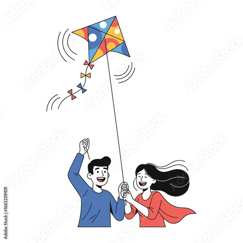 Kite Flying: Two figures, filled with joy, engage in the playful activity of flying a colorful kite, experiencing the thrill of the wind and the excitement of the moment.