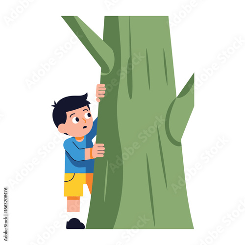 A Boy and a Big Tree: A young boy hides behind a large tree, revealing a playful peekaboo moment in this whimsical and artistic illustration.