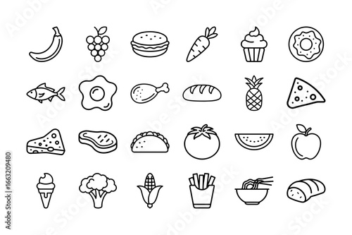 Food Icons Set. Fruits, Vegetables, Fast Food, Dessert, Drinks, Pizza, Sandwiches, Meat, Snacks, Ice Cream, and More. Editable Stroke. Vector Illustration.