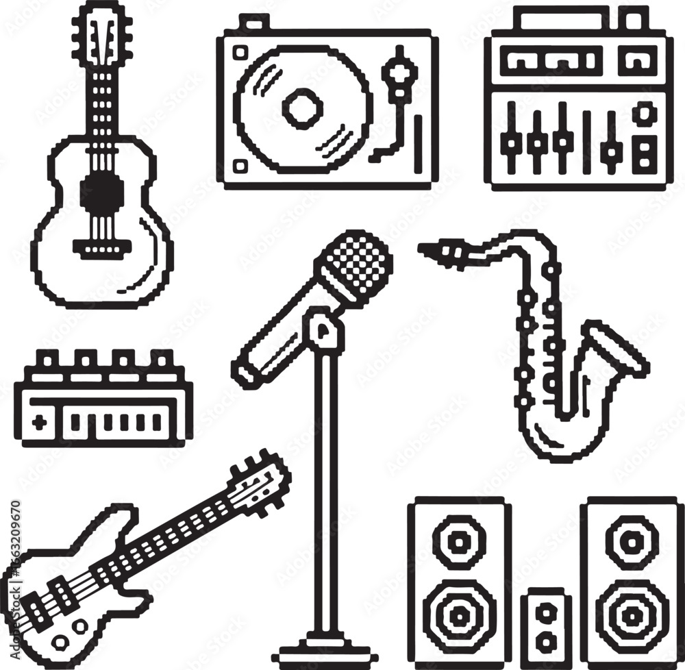 Fototapeta premium Audio & Music Pixel Art Icon Pack Acoustic Guitar, Turntable, Mixer, Saxophone, Microphone Stand, Bass Guitar, Studio Monitors