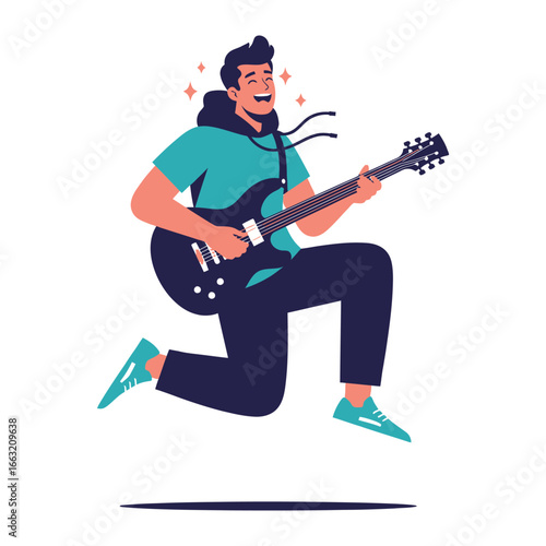 Musical High: A spirited individual, lost in the rhythm and melody, leaps into the air while passionately strumming an electric guitar, radiating a dynamic energy.