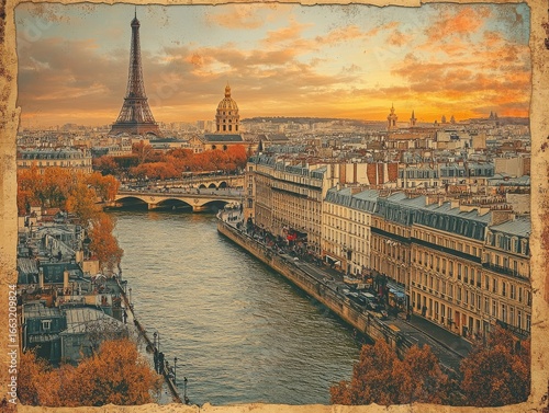 Timeless Parisian Autumn Glow: An Iconic Vintage Aerial View of the Eiffel Tower, Seine River, and Les Invalides Dome Bathed in Golden Sunset Light, Framed by a Distressed Border.