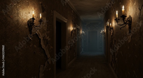 Wallpaper Mural A dark hallway with peeling wallpaper lit by candle sconces Doors line the passage leading towards a dimly lit end Torontodigital.ca