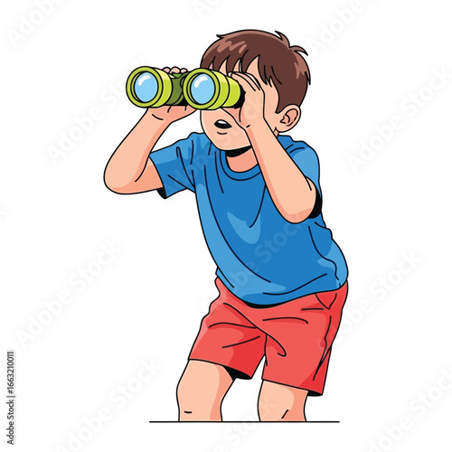 Discovery with Binoculars: A young boy, filled with curiosity and wonder, peers intently through a pair of binoculars, ready to explore the world around him.