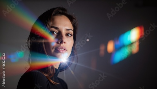 Captivating Portrait of a Woman with Colorful Light Reflections at Night