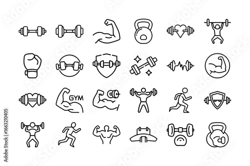 Gym Logo Icon Set. Dumbbell, Weightlifting, Kettlebell, Exercise, Fitness, Bodybuilding, Workout, Strength, Muscle, Cardio, Gym, Fitness Icon, Healthy Lifestyle, and More. Editable Stroke.