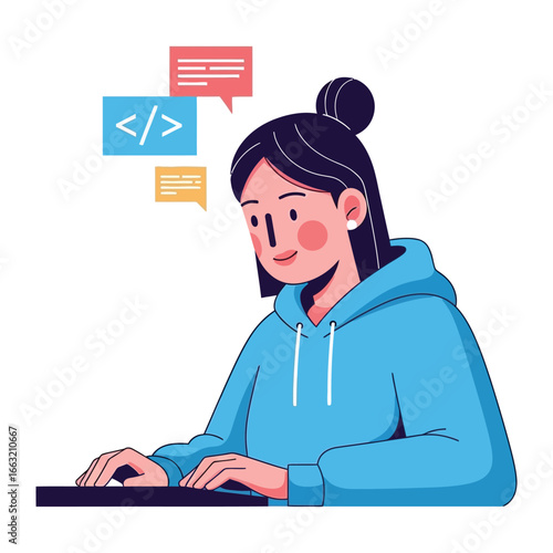Creative Coding Woman: A creative woman, engrossed in coding, crafts digital marvels with passion and precision, reflecting the ever-evolving nature of technology.
