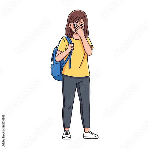 Melancholy's Embrace: A young woman, backpack slung over her shoulder, stands cloaked in a poignant expression of sorrow. The scene evokes the quiet desolation of loneliness.