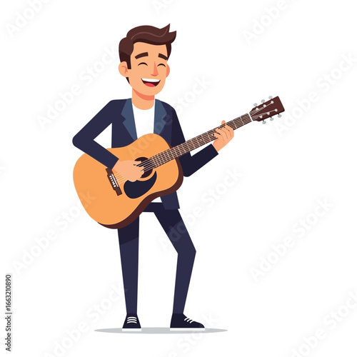 Melody in Motion: A vibrant illustration captures a cheerful man playing the guitar, filling the air with music, showcasing a love for music and expression.