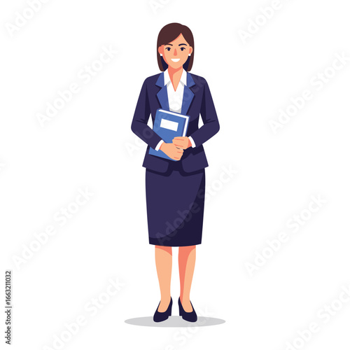 Confident Professional Woman: A poised business professional in a tailored navy suit stands with a determined expression, holding a blue folder.