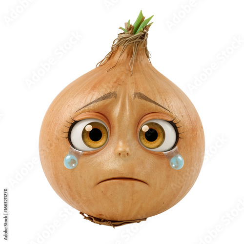 Whimsical onion character expressing sadness with teardrops on a transparent field, food concept