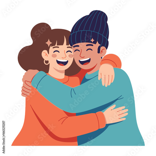 Embrace of Joy: Two smiling individuals in cozy attire share a warm embrace, embodying the spirit of togetherness, friendship, and affection.