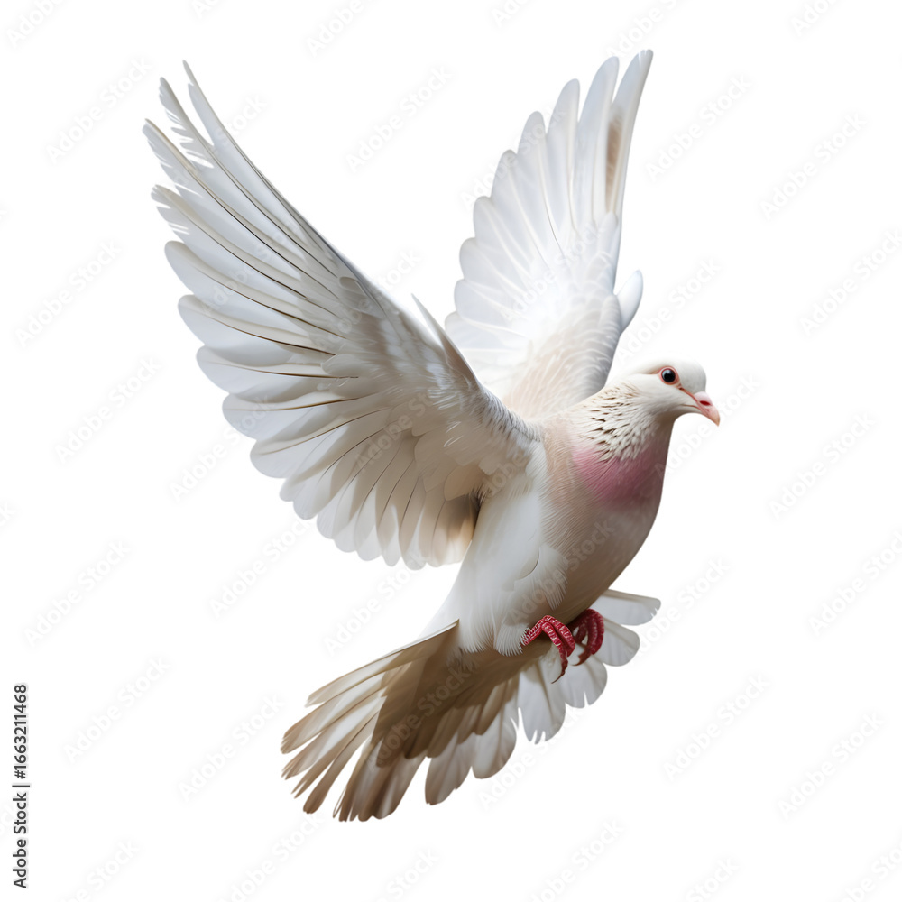 Fototapeta premium Beautiful white dove flying with open wings isolated on transparent background in studio shot